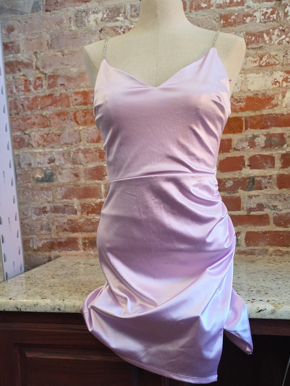 Francesca's Collections Lilac Satin Mini Dress with Rhinestone Straps